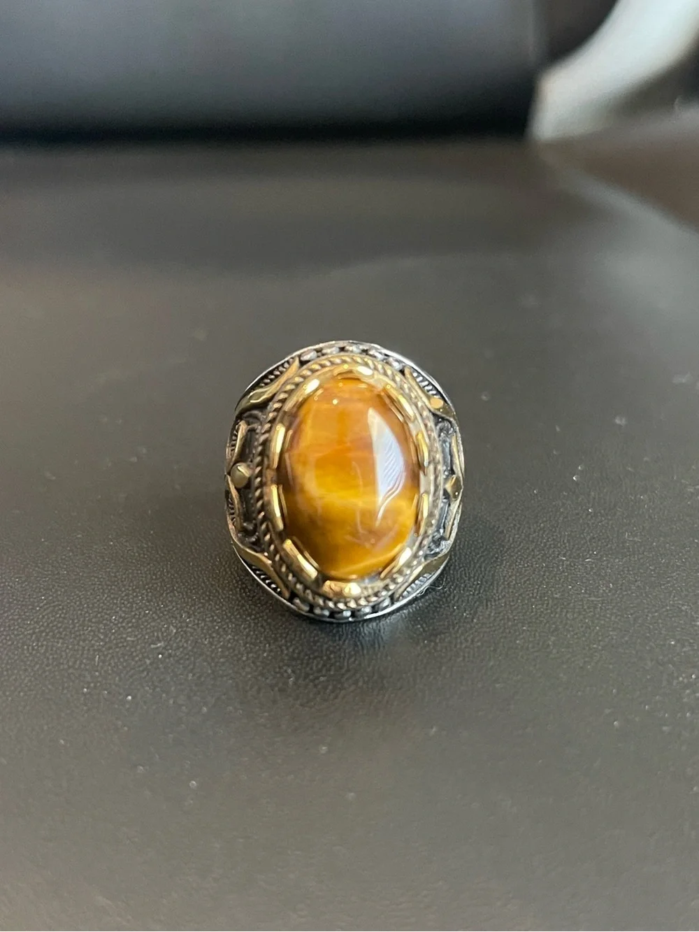 Men's Ornate Tiger Eye Statement Ring - Silver Tone